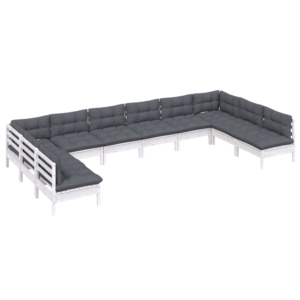 10-tlg. Garten-Lounge-Set mit Kissen Weiss Kiefer Massivholz